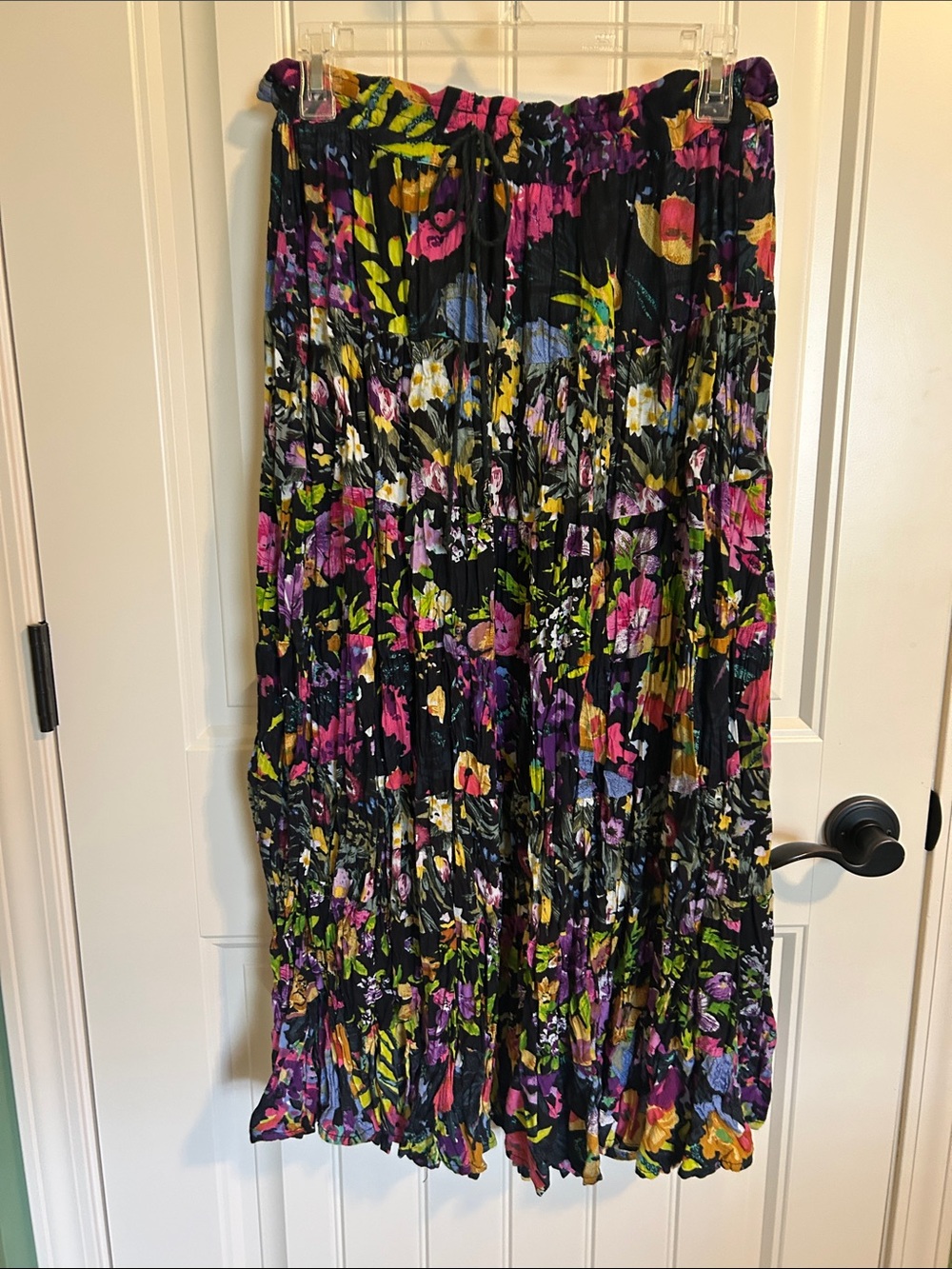 Beautiful Black Floral Maxi Skirt with Pink, Purple, Yellow & Green flowers.